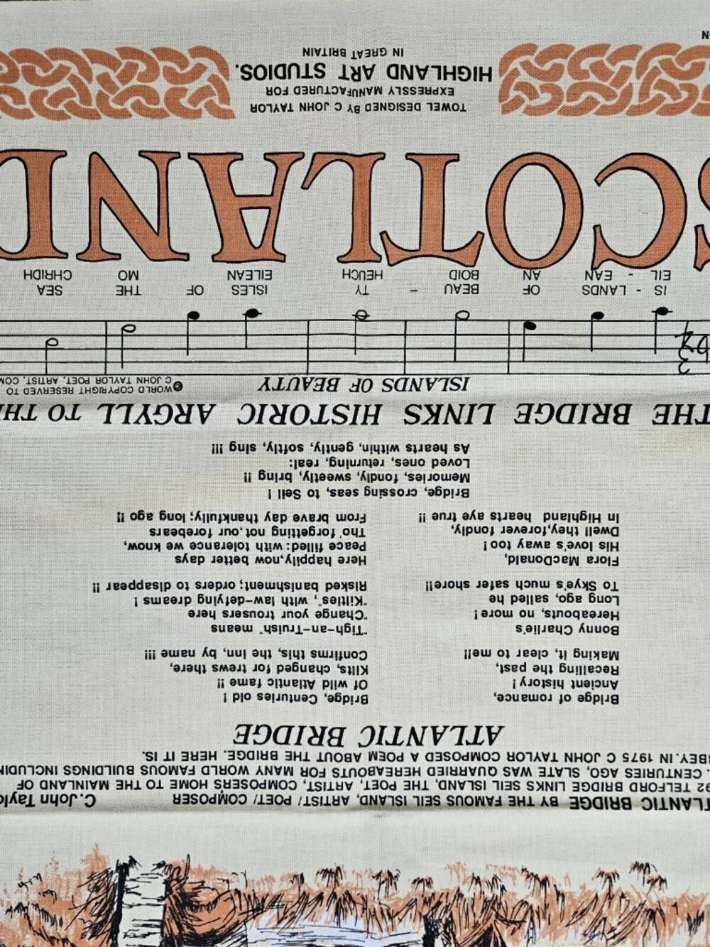 Vtg Tea Towel Made in GB Atlantic Bridge Scotland Hymn Poem C John Taylor Cotton
